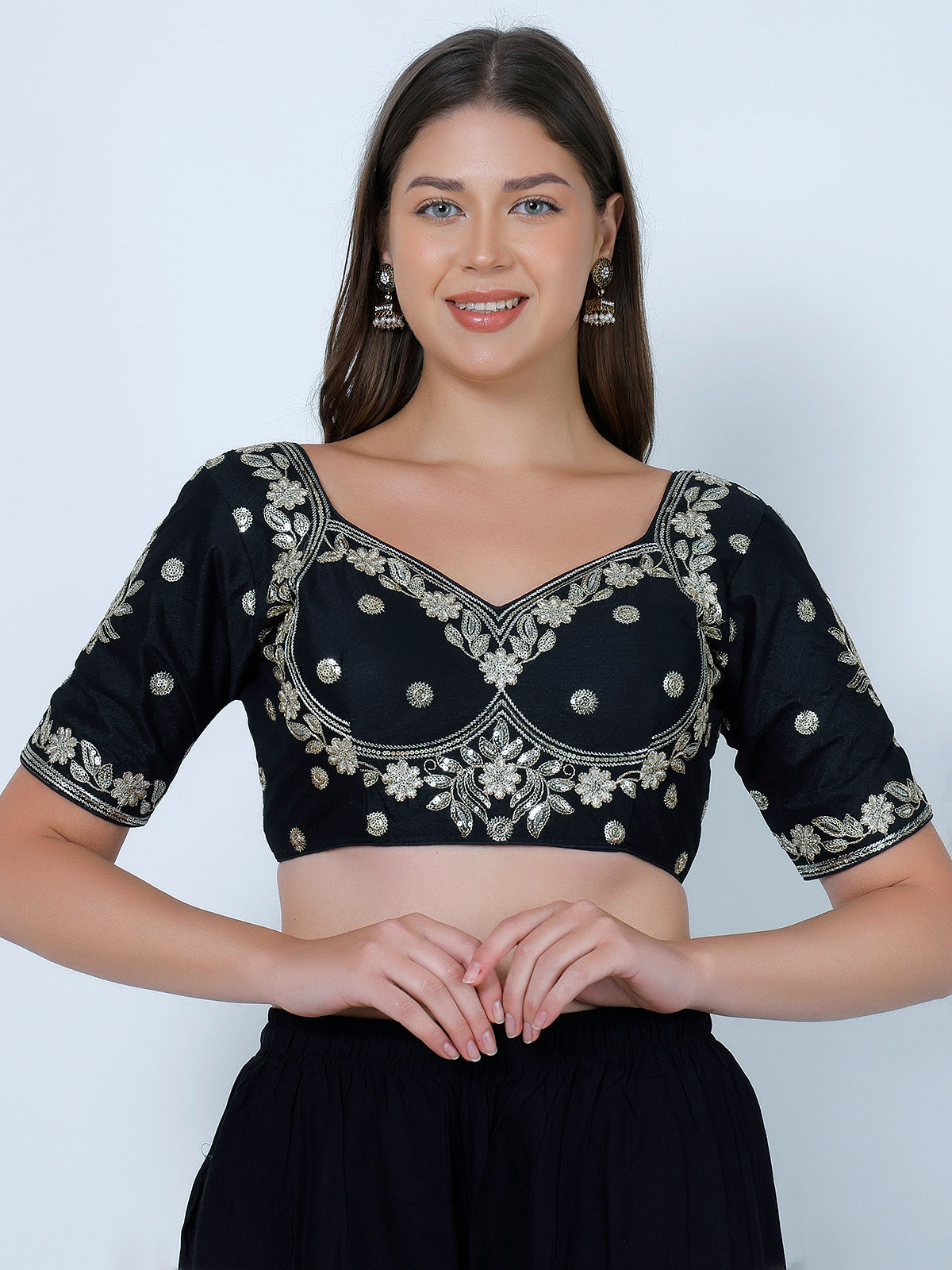 Choli Cut Black Cotton Silk Blouse
