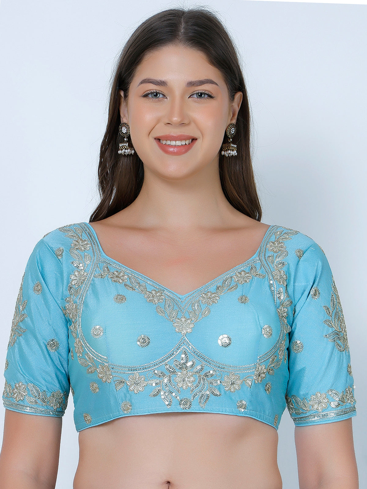 Choli Cut Sky Blue Cotton Silk Blouse