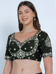 Choli Cut Dark Mehandi Cotton Silk Blouse