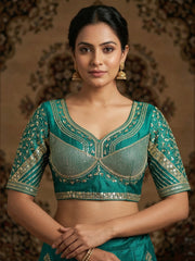 Teal Green Designer Embroidered Saree Blouse | Indian Lehenga Choli Crop Top | Gold Sequin Work Festive Wear