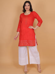 Women’s Red Cotton Kurta with Embroidered White Palazzo Set