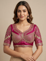 Magenta Gold Embroidered Silk Crop Blouse | Designer Indian Choli | Women's Festive Ethnic Top