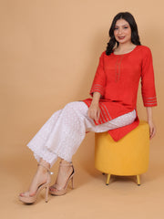 Women’s Red Cotton Kurta with Embroidered White Palazzo Set