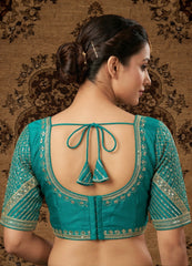 Teal Green Designer Embroidered Saree Blouse | Indian Lehenga Choli Crop Top | Gold Sequin Work Festive Wear