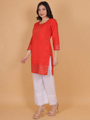 Women’s Red Cotton Kurta with Embroidered White Palazzo Set