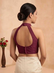 Women's Berry Red Halter Neck Sweetheart Blouse - Cotton Silk Saree Crop Top