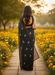 Women Black Striped Saree with Multicolor Paisley Embroidery & Red Border