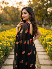 Women Black Striped Saree with Multicolor Paisley Embroidery & Red Border