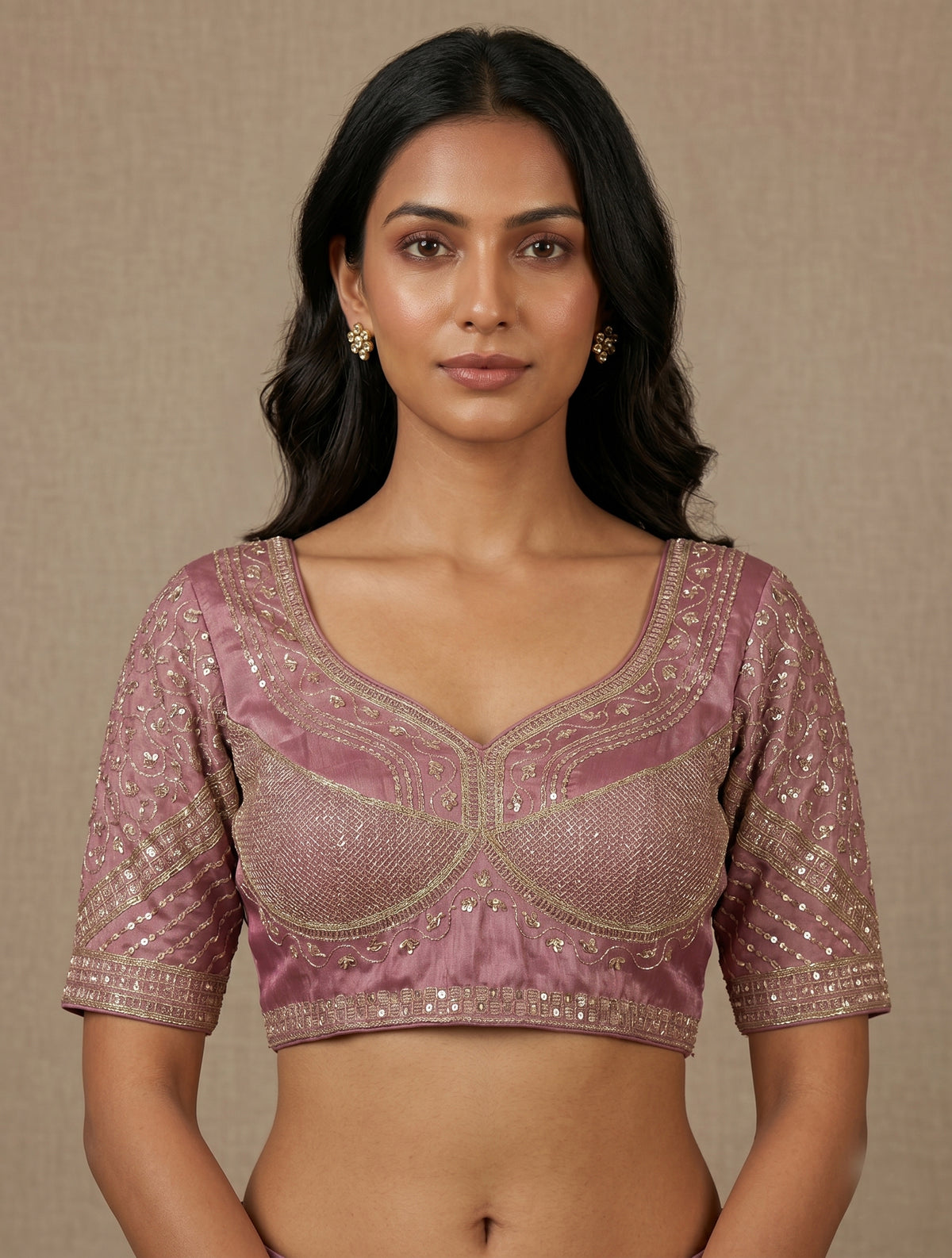 Premium Dusty Rose Embroidered Saree Blouse | Ready-to-Wear Silk Lehenga Crop Top for Women