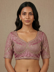 Premium Dusty Rose Embroidered Saree Blouse | Ready-to-Wear Silk Lehenga Crop Top for Women