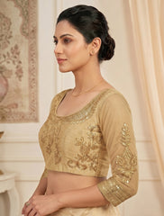 Traditional Indian Golden Beige Silk Saree Blouse – Heavy Embroidery Net 3/4 Sleeves