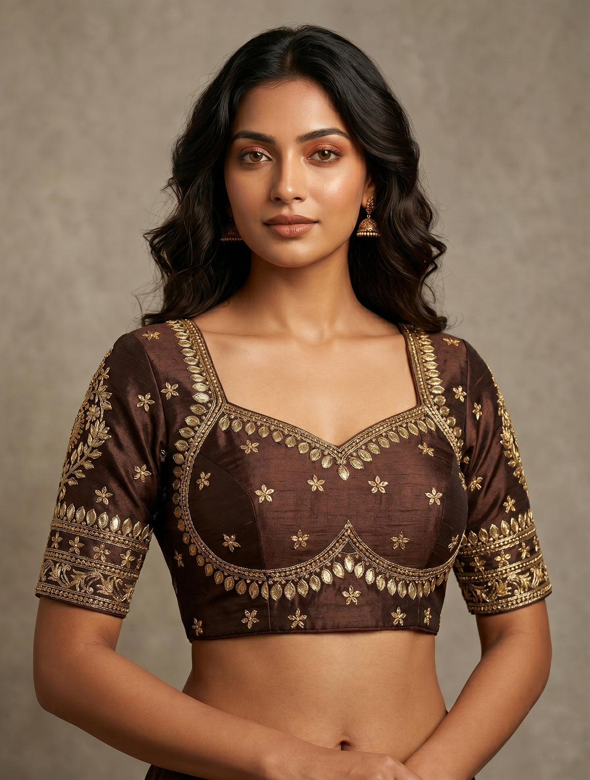 Elegant Brown Silk Saree Blouse | Heavy Gold Zari Embroidered Readymade Choli | Indian Ethnic Crop Top for Weddings & Festive Wear