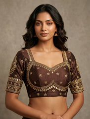 Elegant Brown Silk Saree Blouse | Heavy Gold Zari Embroidered Readymade Choli | Indian Ethnic Crop Top for Weddings & Festive Wear