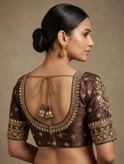 Elegant Brown Silk Saree Blouse | Heavy Gold Zari Embroidered Readymade Choli | Indian Ethnic Crop Top for Weddings & Festive Wear