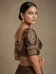 Elegant Brown Silk Saree Blouse | Heavy Gold Zari Embroidered Readymade Choli | Indian Ethnic Crop Top for Weddings & Festive Wear