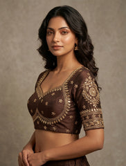 Elegant Brown Silk Saree Blouse | Heavy Gold Zari Embroidered Readymade Choli | Indian Ethnic Crop Top for Weddings & Festive Wear