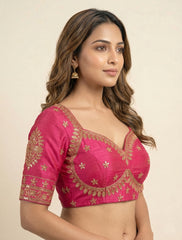 Rani Pink Embroidered Readymade Saree Blouse | Designer Zari Work Indian Crop Top for Lehenga & Saree
