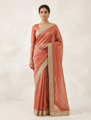 Women's Plain Organza Silk Saree with Elegant Embroidered Lace Border