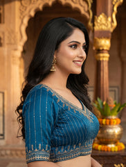 Exquisite Teal Blue Readymade Saree Blouse – Cotton Silk Crop Top with Zari & Siroski Embroidery | Trendzmy