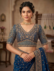Royal Peacock Blue Silk Embroidered Blouse – Half Sleeve Indian Saree Blouse with Intricate Zardozi & Dori Work