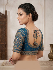 Royal Peacock Blue Silk Embroidered Blouse – Half Sleeve Indian Saree Blouse with Intricate Zardozi & Dori Work
