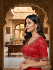 Premium Crimson Red Cotton Silk Embroidered V-Neck Blouse | Festive Indian Ethnic Wear