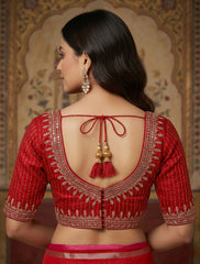 Premium Crimson Red Cotton Silk Embroidered V-Neck Blouse | Festive Indian Ethnic Wear