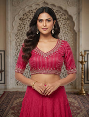 Royal Magenta Hand-Embellished Saree Blouse – Deep V-Neck Silk Blend Indian Blouse