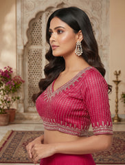 Royal Magenta Hand-Embellished Saree Blouse – Deep V-Neck Silk Blend Indian Blouse