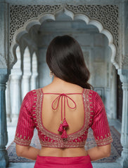 Royal Magenta Hand-Embellished Saree Blouse – Deep V-Neck Silk Blend Indian Blouse