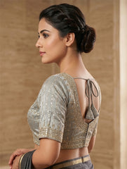 Women’s Designer Silk Blend Saree Blouse for Women | Embroidered V-Neck Readymade Blouse | Party Wear Ethnic Blouse for Saree | Premium Wedding Blouse for Women (Grey & Gold)