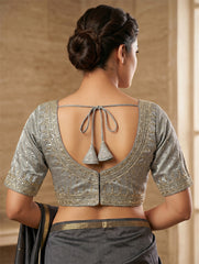 Women’s Designer Silk Blend Saree Blouse for Women | Embroidered V-Neck Readymade Blouse | Party Wear Ethnic Blouse for Saree | Premium Wedding Blouse for Women (Grey & Gold)