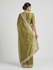 Elegant Olive Green Organza Saree with Embroidered Lace Border