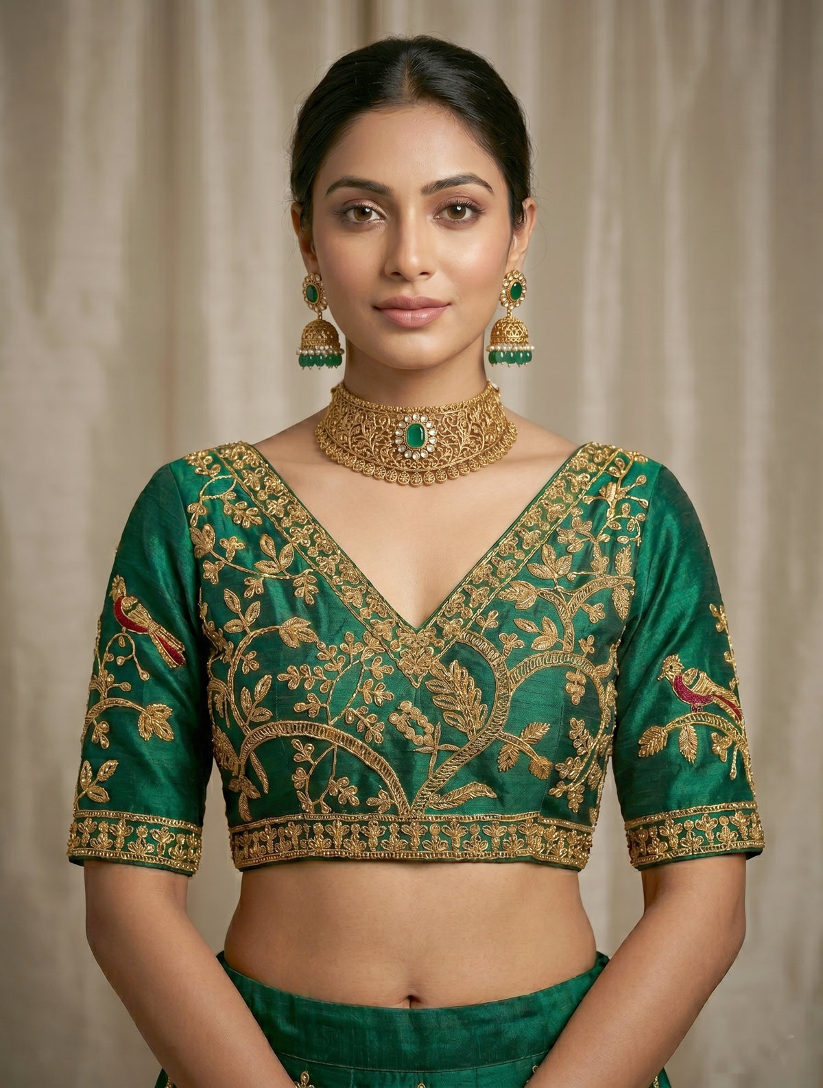Luxury Emerald Green raw silk Saree Blouse with Gold Peacock and Floral Zari Embroidery – V-Neck Backless Design with Latkan Tassels