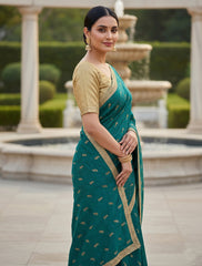 Women Green Georgette Saree with Golden Zari Border & Blouse Piece