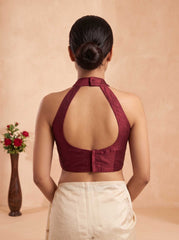 Women's Berry Red Halter Neck Sweetheart Blouse - Cotton Silk Saree Crop Top