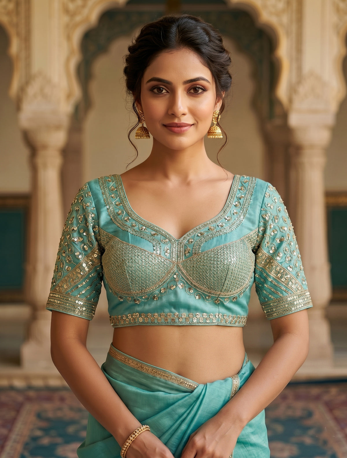 Women’s Designer Embroidered Silk Saree Blouse for Party Wear | Padded Readymade Blouse with Heavy Sequin Work | Indian Wedding Ethnic Crop Top Blouse for Saree & Lehenga