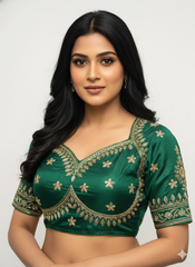 Dark Green Cotton Silk Embroidered Blouse