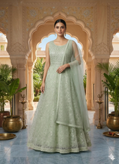 Stitched Pista Green Net Partywear Gown (M Size)