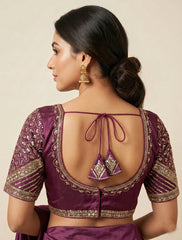 Embroidered Silk-Blend Blouse – Deep Plum(Wine) Sweetheart Saree Blouse with Gold Sequin Hand-Work