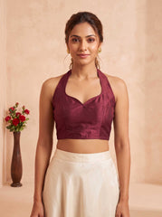 Women's Berry Red Halter Neck Sweetheart Blouse - Cotton Silk Saree Crop Top
