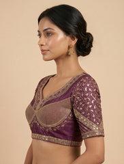 Embroidered Silk-Blend Blouse – Deep Plum(Wine) Sweetheart Saree Blouse with Gold Sequin Hand-Work