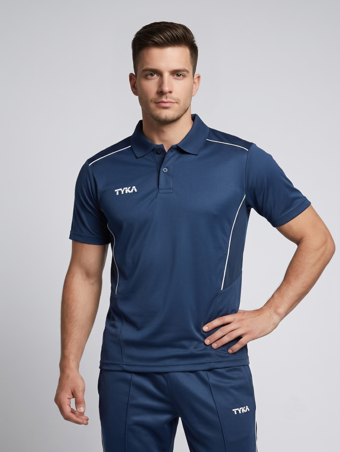 TYKA Prima Men Navy Sports Polo T-Shirt H/S- Quick Dry Activewear with Contrast Piping