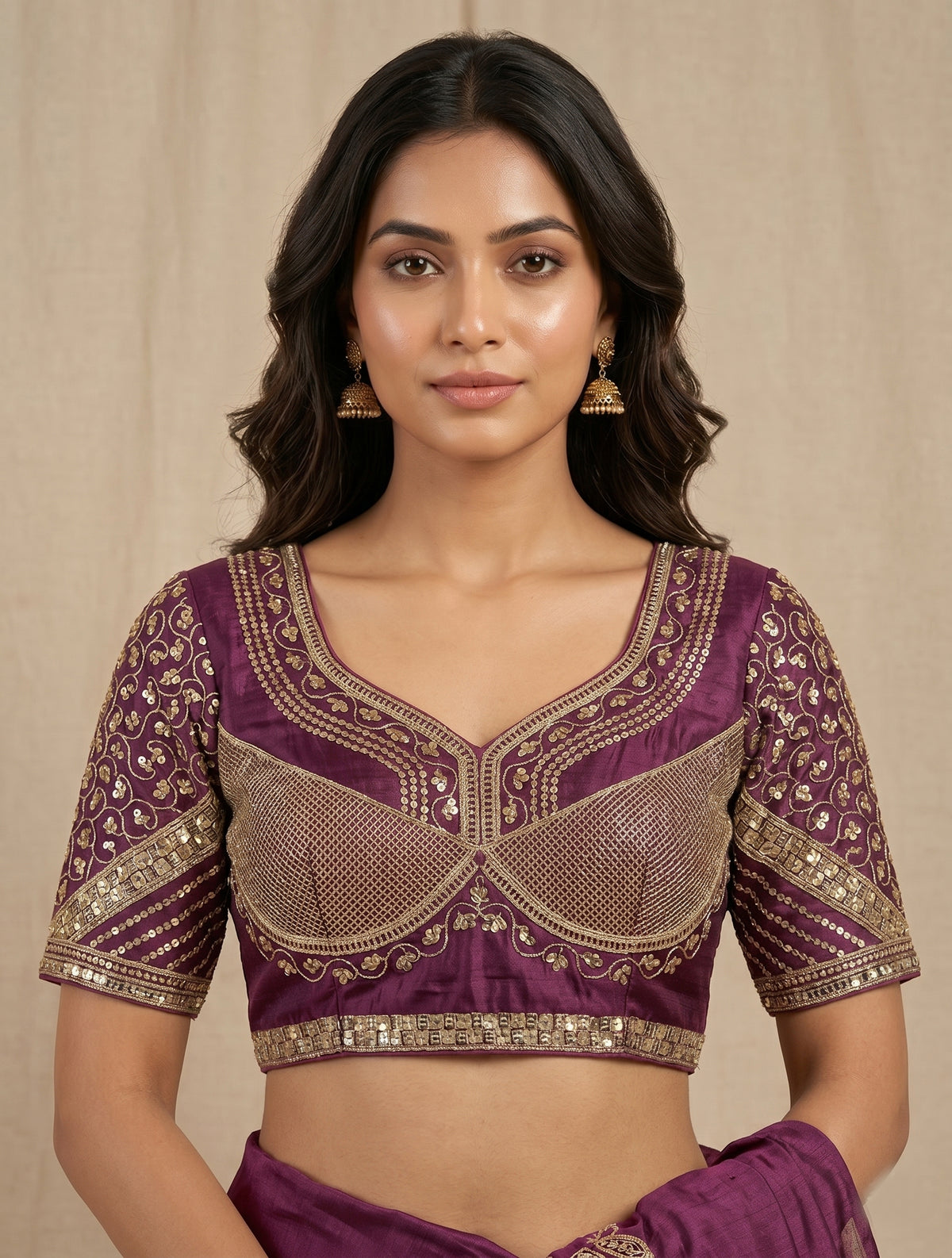 Embroidered Silk-Blend Blouse – Deep Plum(Wine) Sweetheart Saree Blouse with Gold Sequin Hand-Work