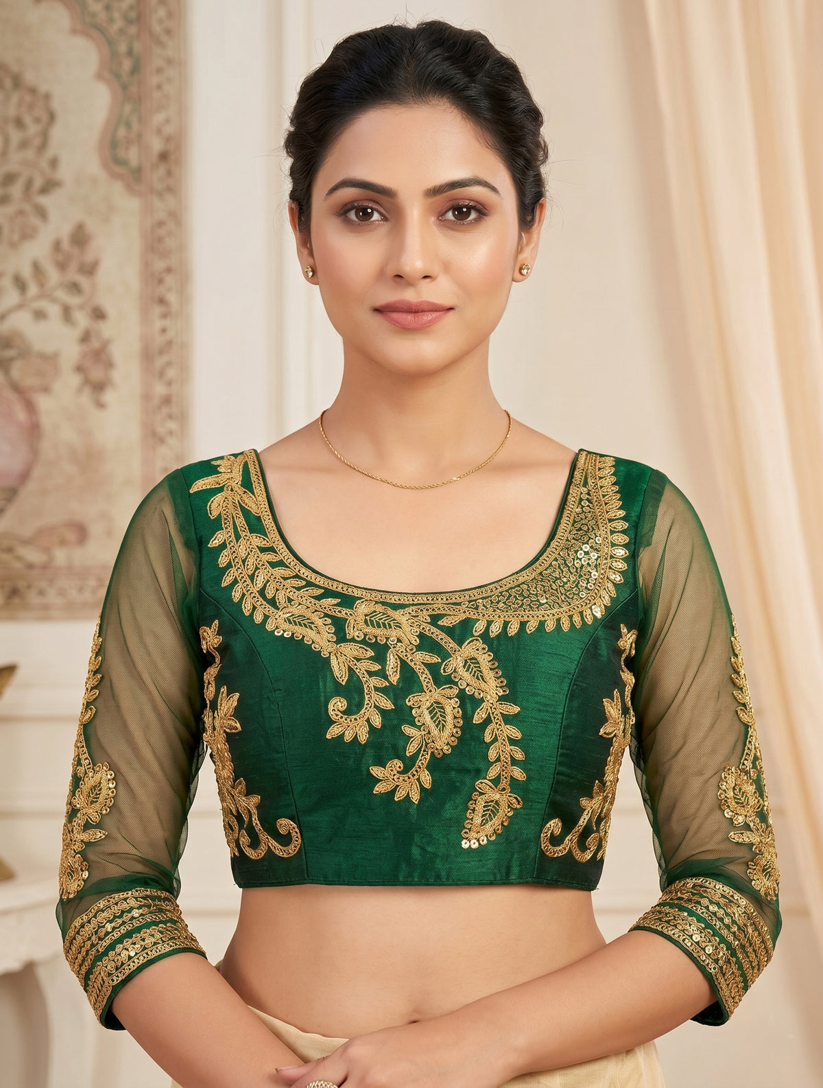 Traditional Indian Golden Green Silk Saree Blouse – Heavy Embroidery Net 3/4 Sleeves