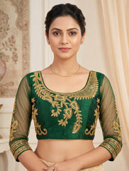 Traditional Indian Golden Green Silk Saree Blouse – Heavy Embroidery Net 3/4 Sleeves