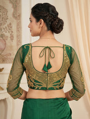 Traditional Indian Golden Green Silk Saree Blouse – Heavy Embroidery Net 3/4 Sleeves