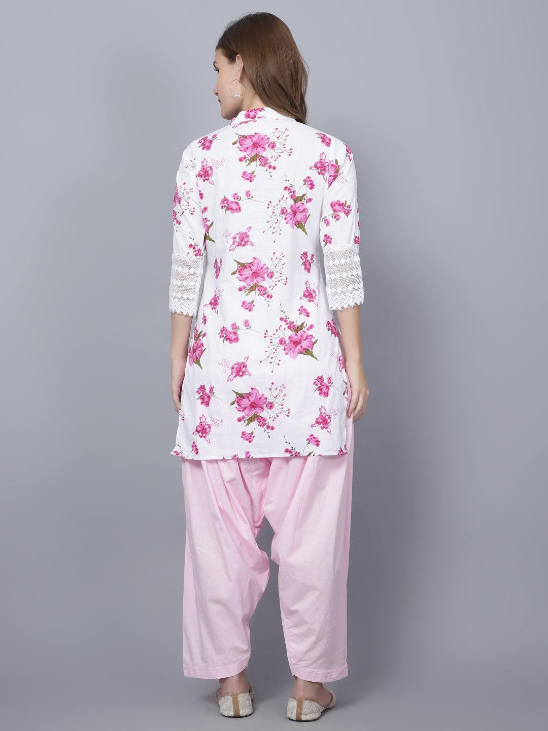Trendzmy Women Apple Cut Pink Floral Print Pure Cotton Straight Kurta