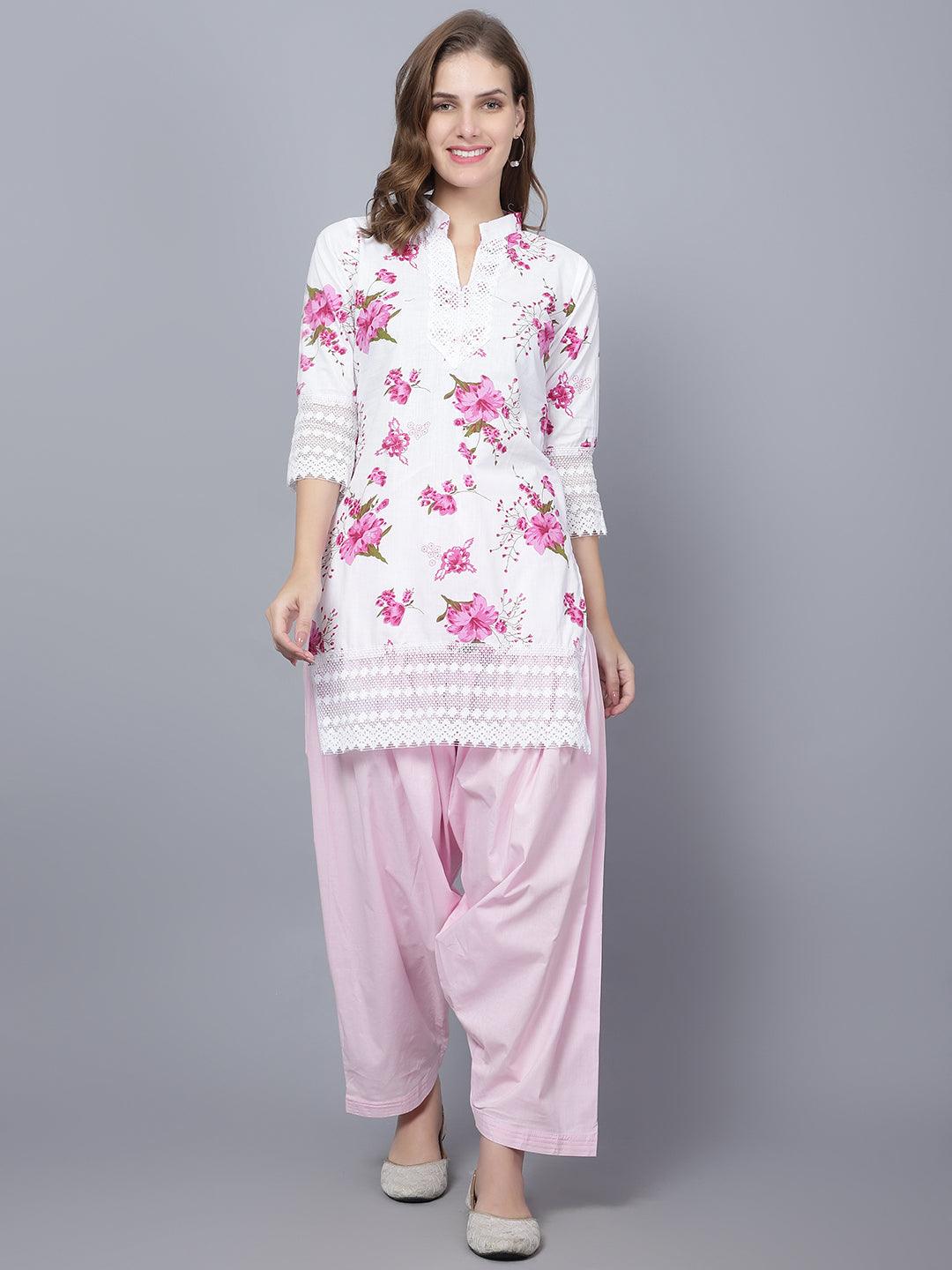 Trendzmy Women Apple Cut Pink Floral Print Pure Cotton Straight Kurta