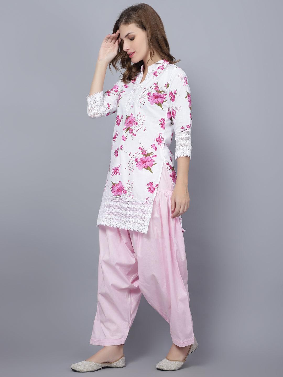 Trendzmy Women Apple Cut Pink Floral Print Pure Cotton Straight Kurta